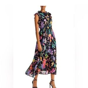 Banjanan Hannah Black Multi Eden Garden Print Ruffle Midi Dress M Medium 6 8 10